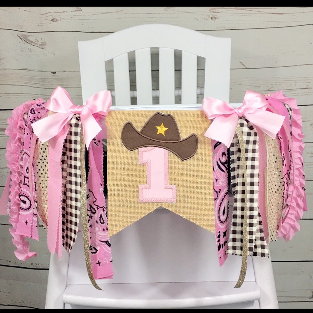 1st Rodeo Party Pink 3D Letters (ONE) and the # 1 and a pink hat and seat banner